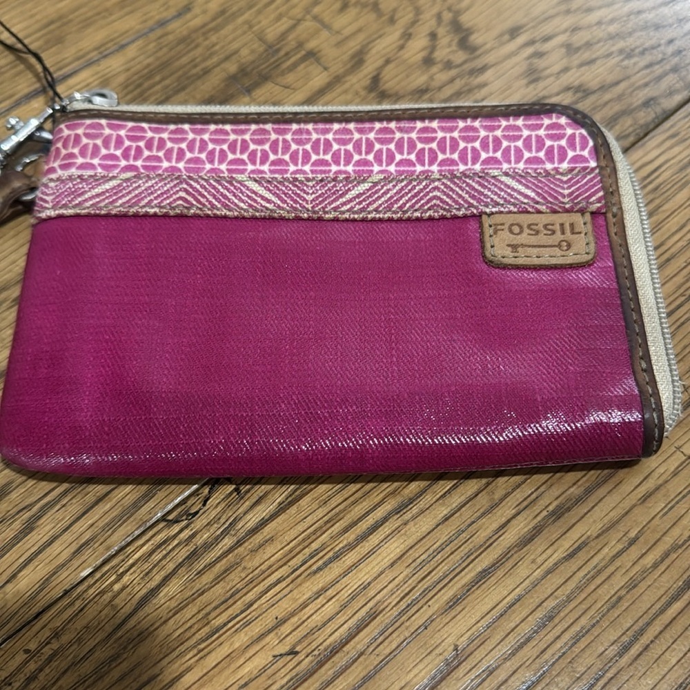 Fossil Key Per Pink Zip Wristlet Wallet Coated Canvas Leather Trim - Picture 4 of 7